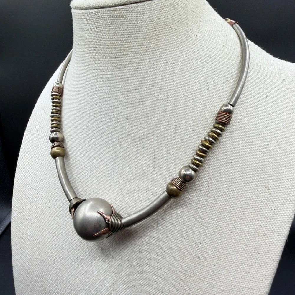 Mixed Metal Orb Collar Necklace Silver Copper & Brass Tone Statement Artisan